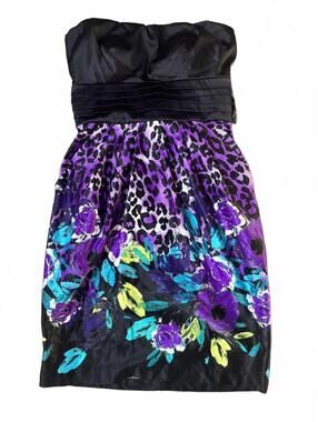 Snap Strapless Mini Dress Black Purple Leopard Floral Print Satin Bow Back Sz 5